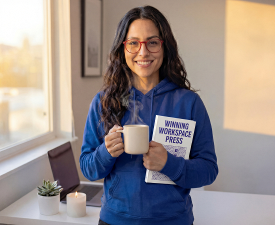 A woman in glasses and a blue hoodie stands by a window holding a mug and a book titled "Winning Workspace Press." A lit candle, a plant, and a laptop are on the desk behind her.