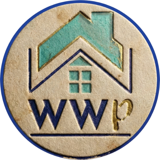 Circular badge with a blue and teal house logo above the letters "WWP" and a small heart shape drawn in gold next to the letters.