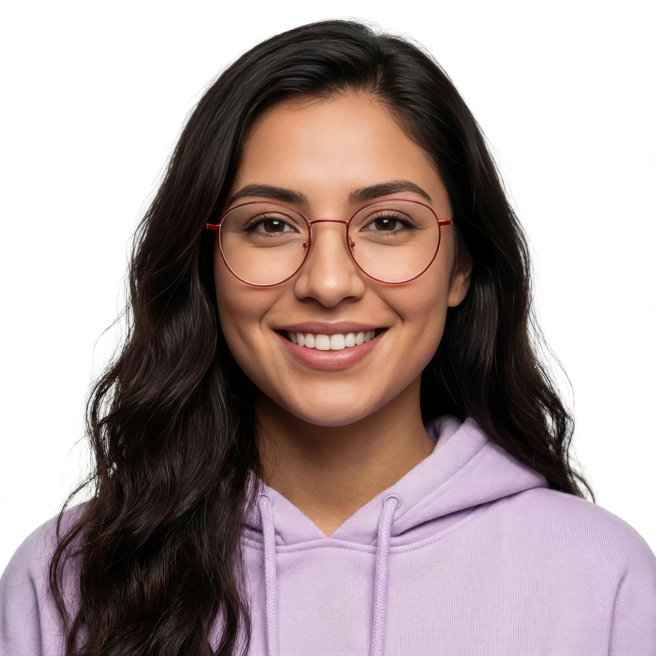 A young woman with long dark hair, wearing round glasses and a lavender hoodie, smiles at the camera against a white background.