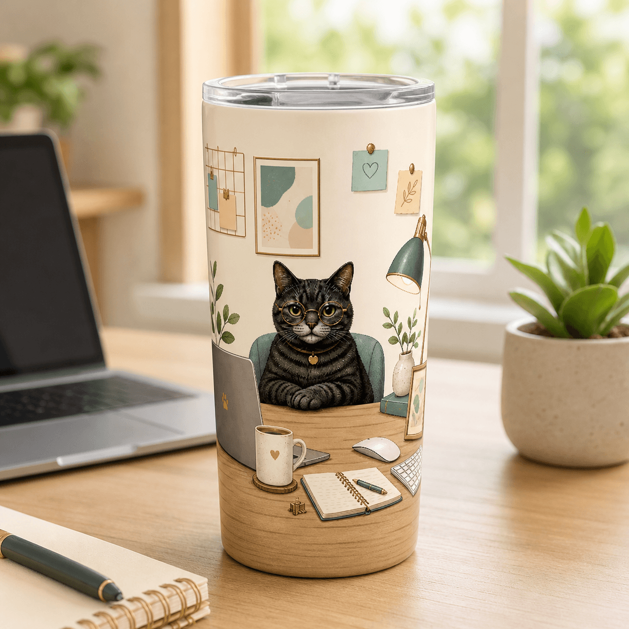 A tumbler decorated with an illustration of a cat sitting at a desk with a laptop, coffee mug, notebook, and desk lamp, surrounded by plants and wall art in a home office setting.