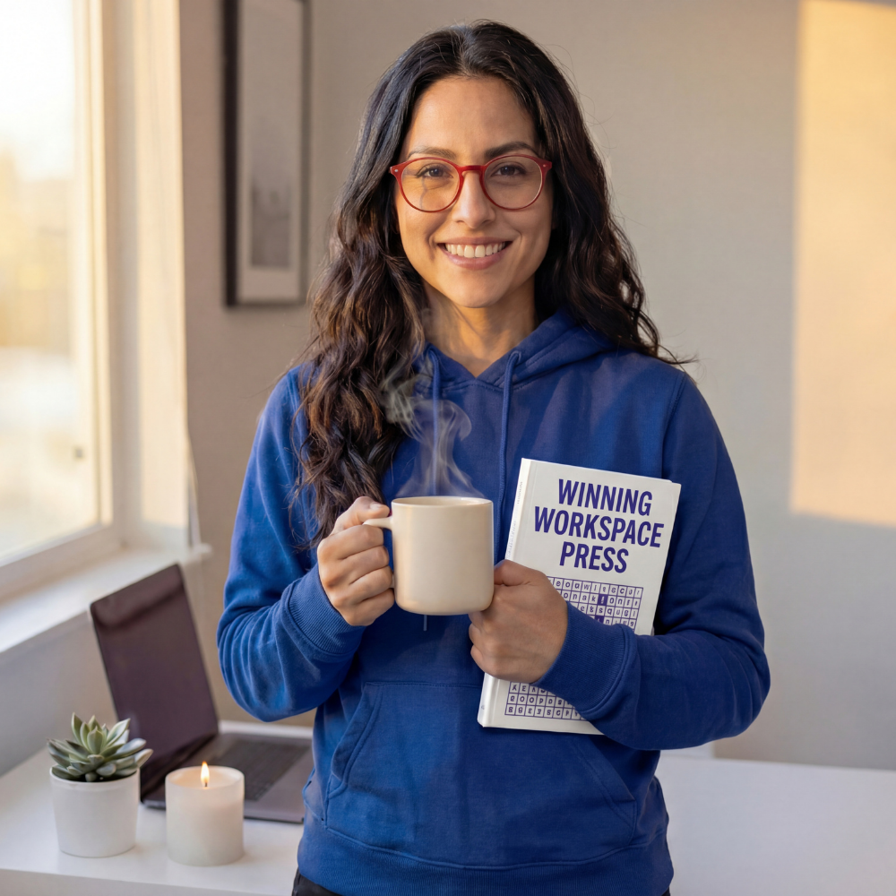 Lucysqhero Woman in glasses and a blue hoodie holds a steaming mug and a book titled "Winning Workspace Press" in a home office with a laptop, candle, and potted plant on the desk.