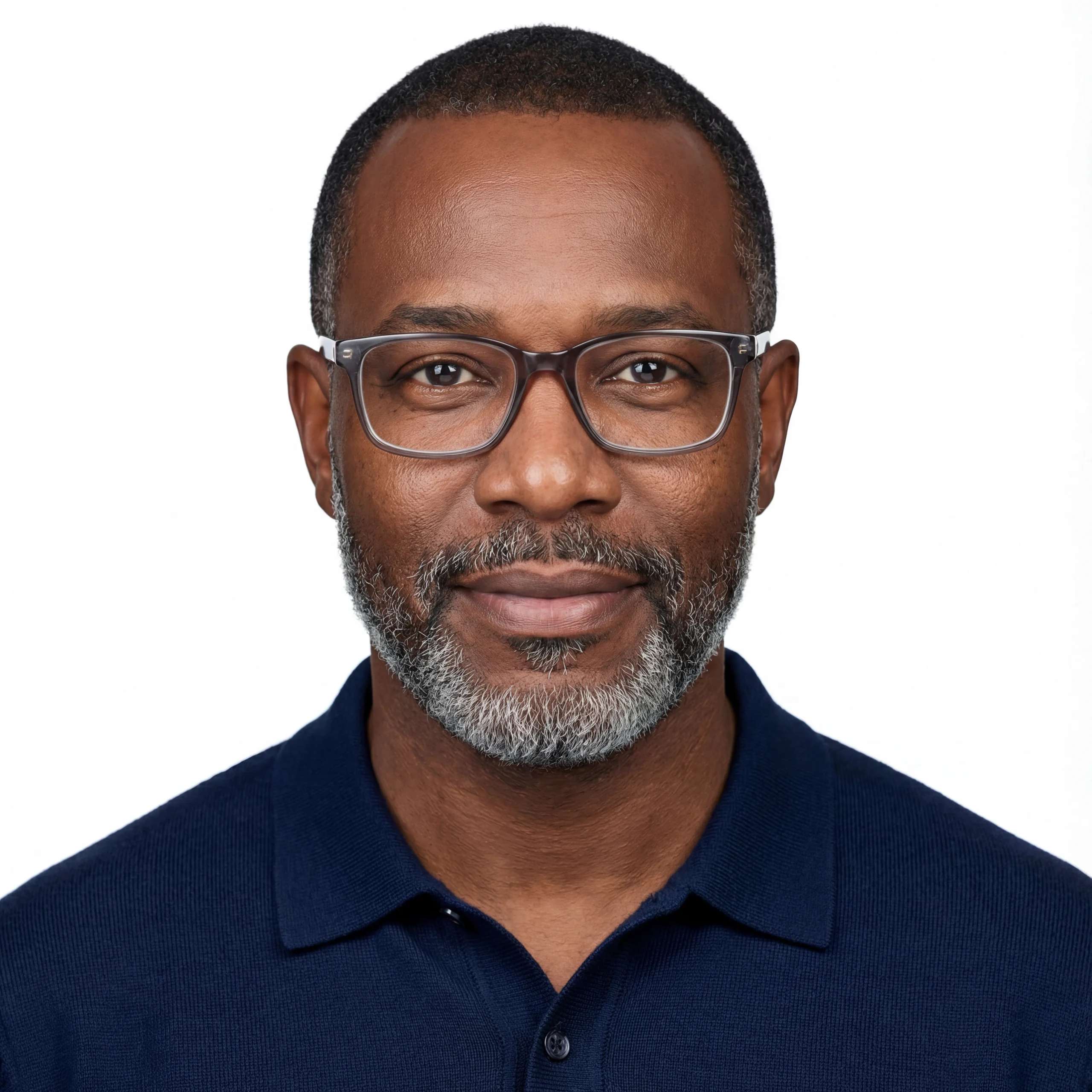 A middle-aged man with short hair, a trimmed gray beard, glasses, and a navy blue collared shirt looks at the camera against a plain white background.