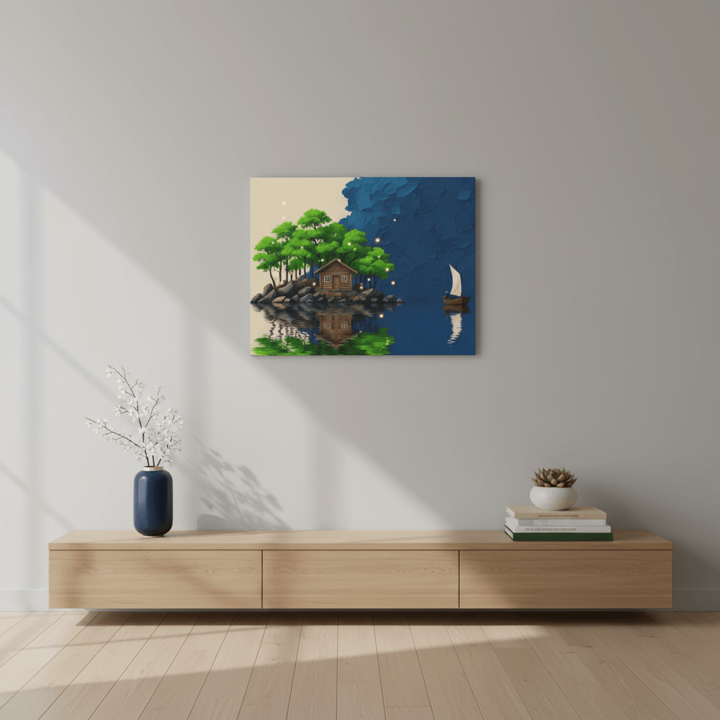 A minimalist living room with a wooden console, decorative items, and a colorful painting of a lakeside cabin and sailboat on the wall.