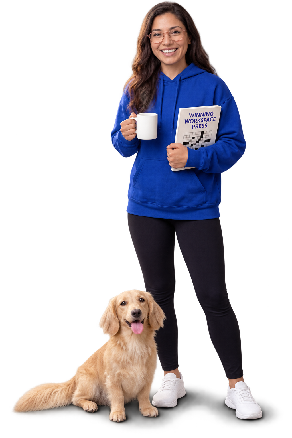 Woman in a blue hoodie holds a white mug and a magazine titled “Winning Workspace Press,” standing next to a golden retriever sitting on the floor. Woman in a blue hoodie holds a white mug and a magazine titled “Winning Workspace Press,” standing next to a golden retriever sitting on the floor.