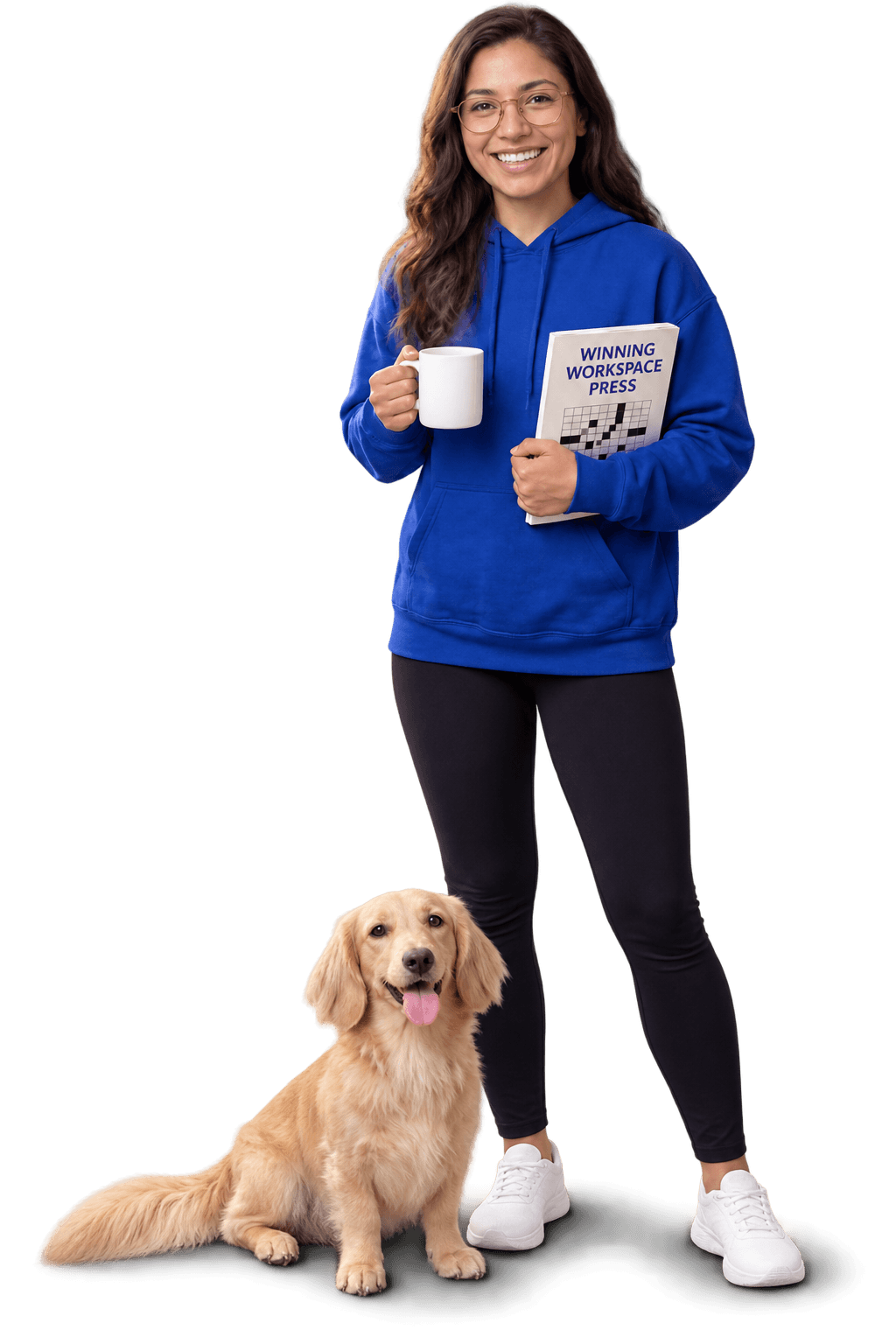 ChatGPT-Image-Aug-29-2026-10_15_34-AM Woman in blue hoodie holding a white mug and a book stands next to a sitting golden retriever dog on a plain white background.