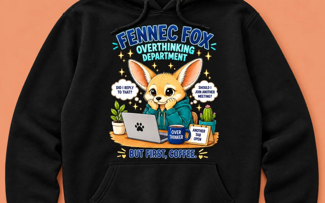 Black hoodie featuring a cartoon fennec fox at a laptop with text reading “Fennec Fox Overthinking Department” and “But first, coffee.”