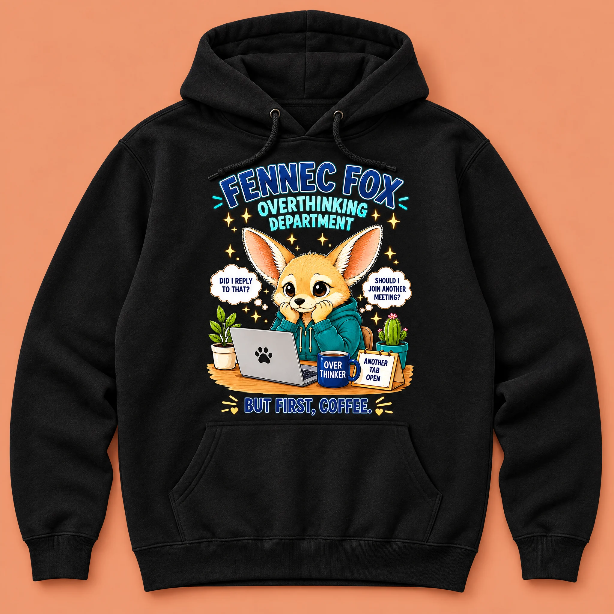 Fennec Fox Overthinking Department Hoodie – Funny Overthinker But First Coffee Sweatshirt, Cute Work From Home Introvert Hoodie