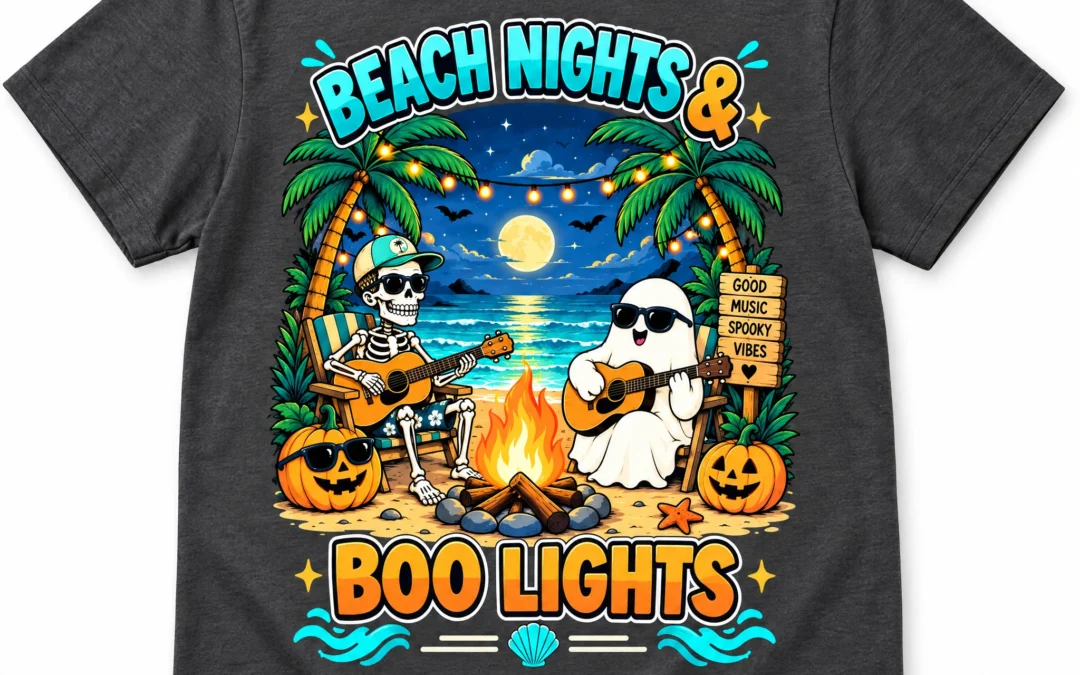 Dark gray t-shirt with a graphic of a skeleton and a ghost playing acoustic guitars by a campfire on a beach, with the text “BEACH NIGHTS & BOO LIGHTS.”