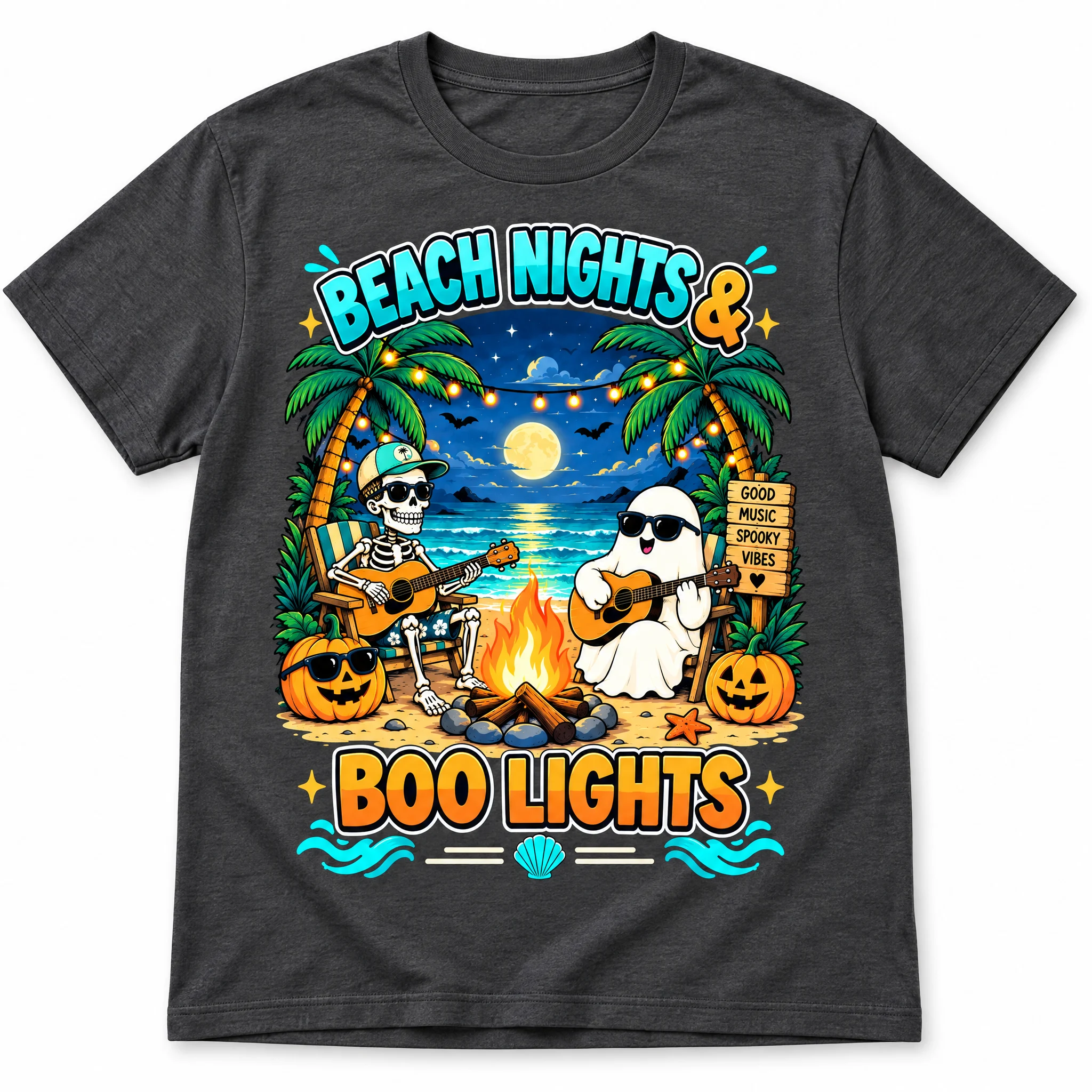 Beach Nights & Boo Lights Shirt – Skeleton and Ghost Beach Bonfire Halloween Tee, Spooky Summerween Guitar T-Shirt