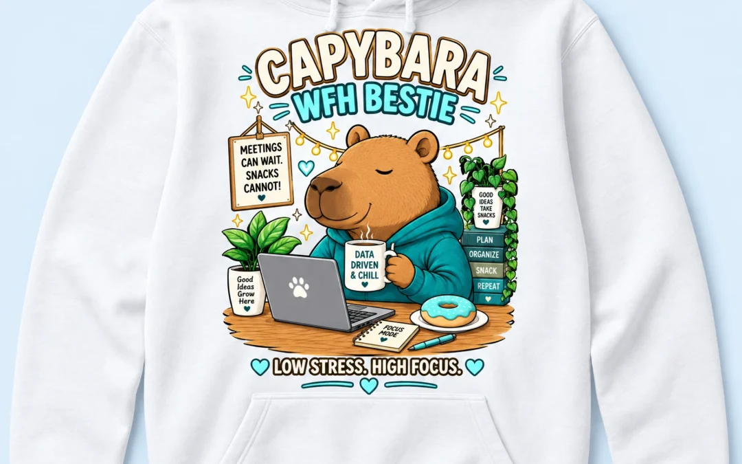 White hoodie featuring a capybara at a desk with a laptop, coffee, and doughnut, with the text “Capybara WFH Bestie” and “Low stress, high focus.”