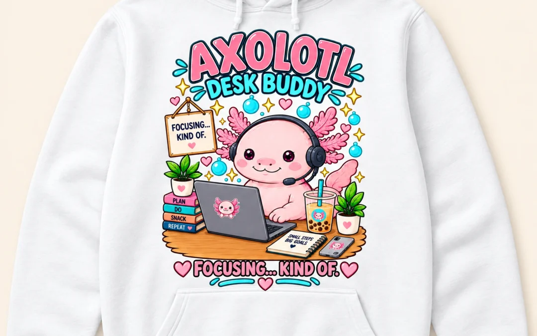 White hoodie featuring a cartoon axolotl wearing headphones at a desk with a laptop, bubble tea, and notebook, with the text “Axolotl Desk Buddy” and “Focusing... kind of.”