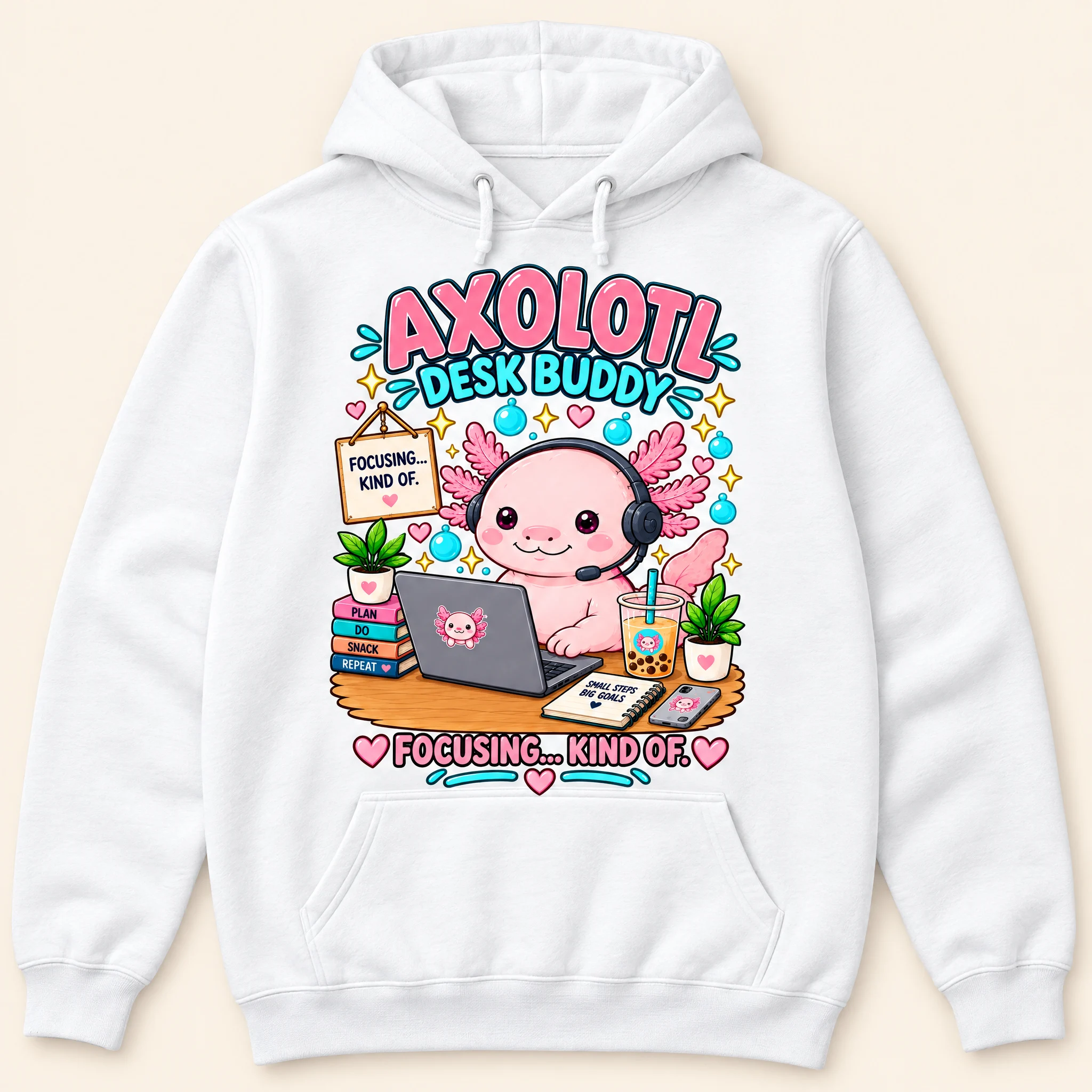Axolotl Desk Buddy Hoodie – Cute Focusing Kind Of Sweatshirt, Kawaii Pink Axolotl Work From Home Boba Hoodie